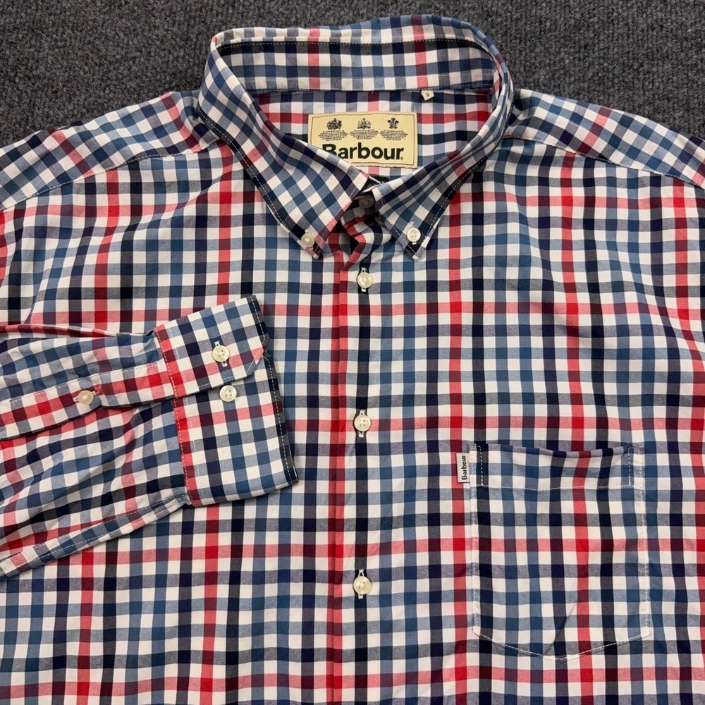 Barbour Performance Shirt Mens XL Blue Red Check Tailored Fit Plaid Tech Stretch